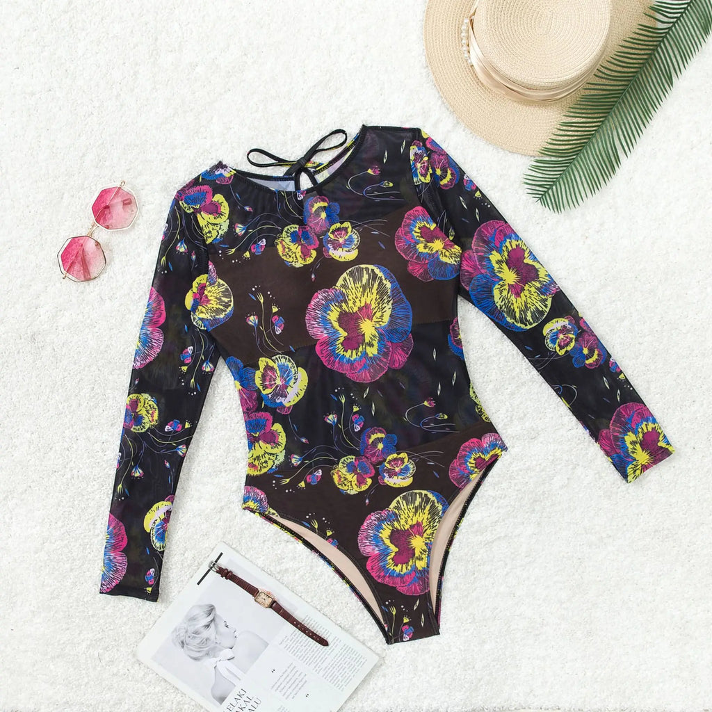 NEW Print Patchwork Sports Swimsuit for Women,Long Sleeve Zipper Conservative Bikini Monokini,beach Vacation Suit 2025