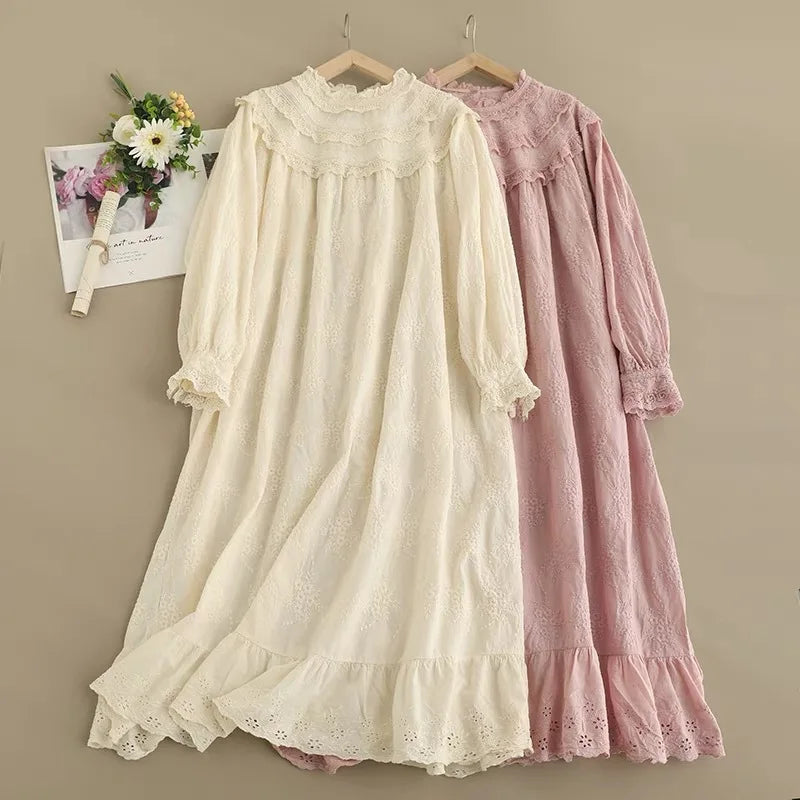 Vintage Embroidery Hollow Out Cotton Linen Dress Women Spring Mori Girl Lace Ruffled Casual Long Sleeve Loose Pullover Vestidos