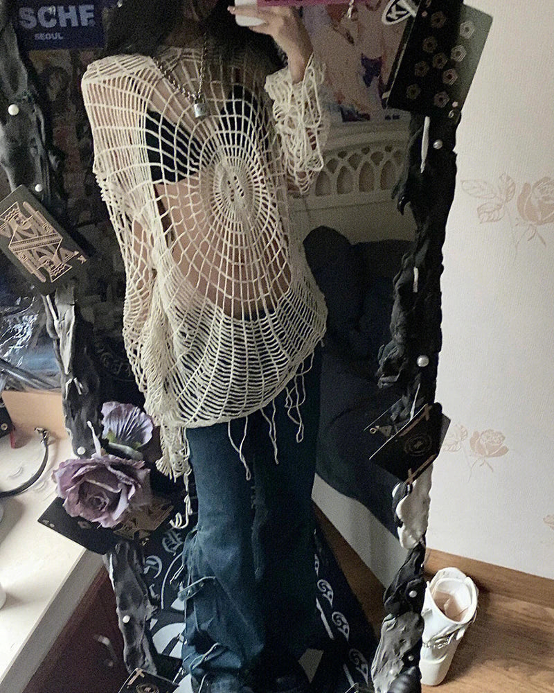 JOEVILU Hollow Knit Hooded Tops Women's Goth Spider Web Sweaters Female Korean Fashion Fishing Net Blouses Babes Mesh Pullovers