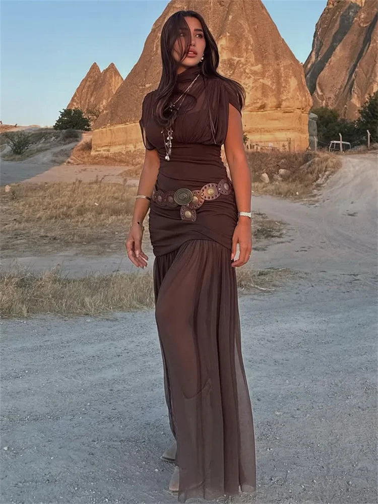 Tossy Black Mesh Fashion Maxi Dress For Women Sleeveless See-Through Patchwork Pleated Party Dress Female Autumn Long Dress 2025