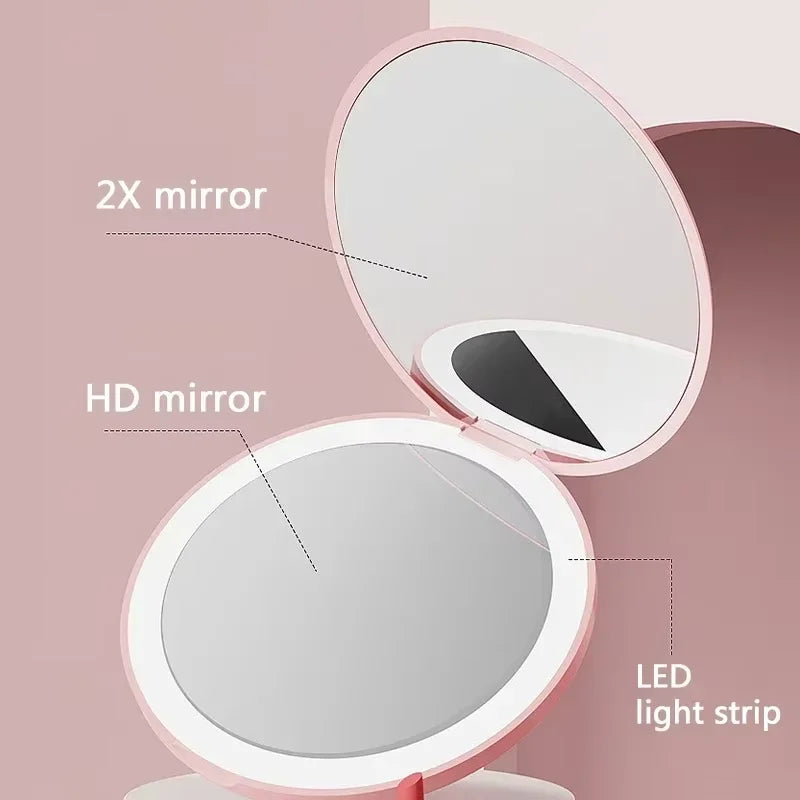 Pocket LED Makeup Mirror Round Portable Folding Small with Light Travel Handheld Cosmetic Compact 2X Magnifying Lighted Mirror