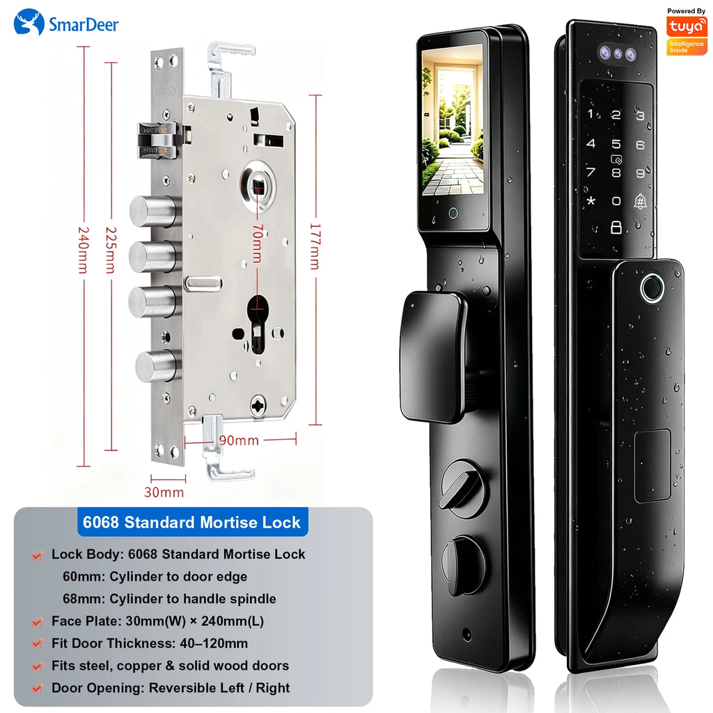 3D Face & Palm Vein Smart Door Lock, IP66 Waterproof Dual Biometric Lock, Fits Euro 6068/6085/5572 & Israel 6590 Lock Bodies
