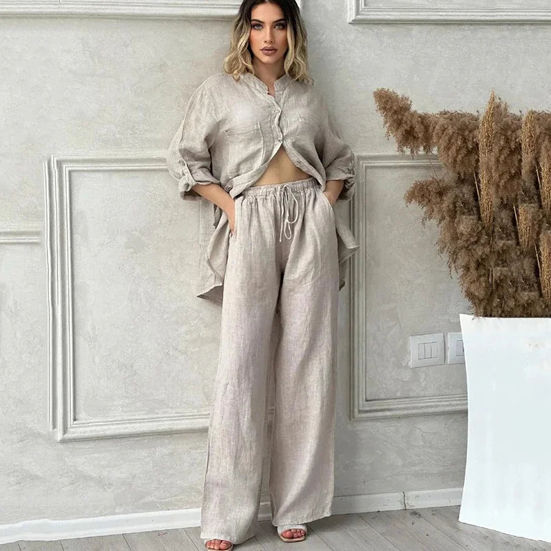 Women Two Piece Sets Spring Autumn Casual Long Sleeve Pocket Shirts 2 Piece Set Fashion Loose Wide Leg Pants OL Work Suit Outfit