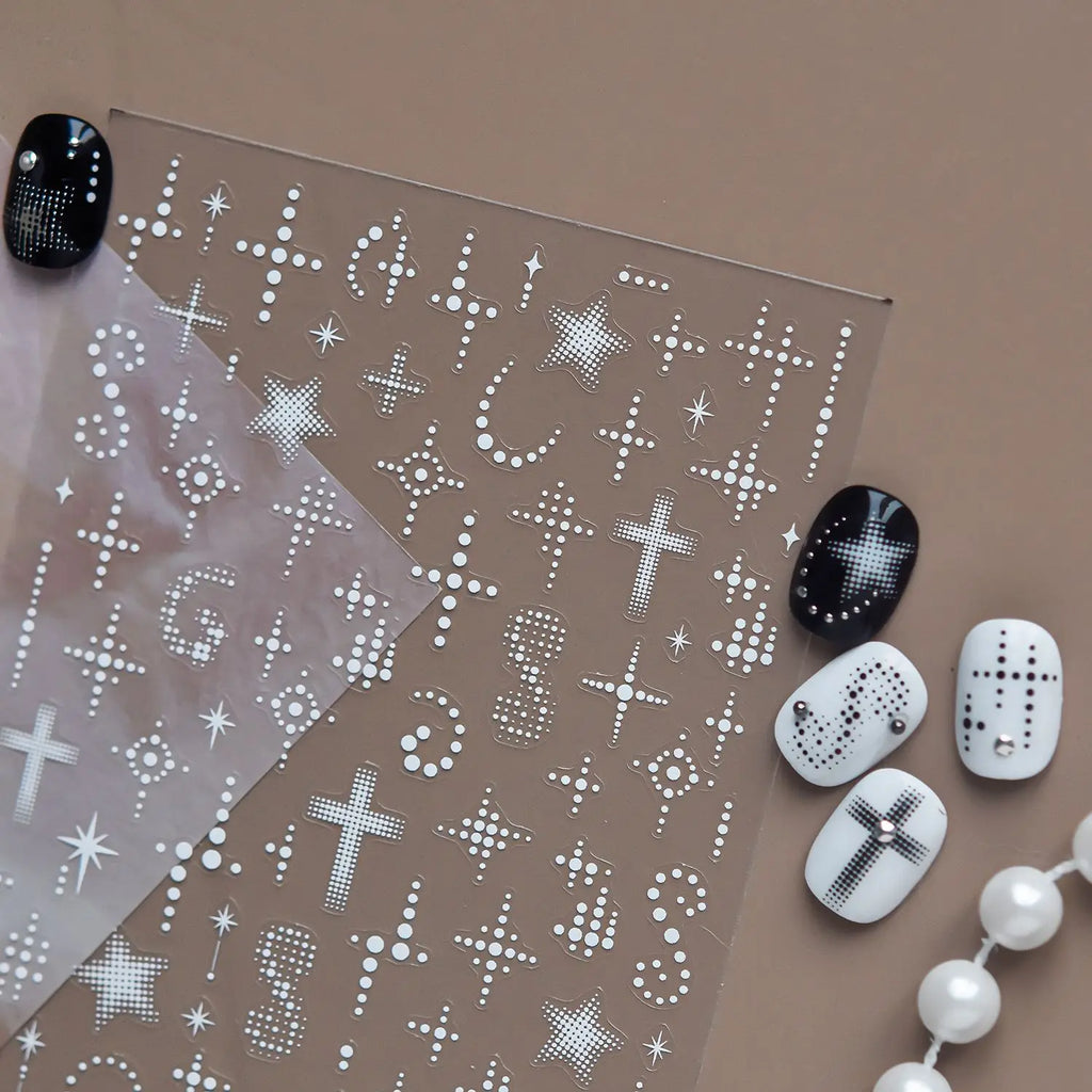 1Pcs Fashion Black White Silver Polka Dot Matrix Diffusion Pentagram Star Starburst Cross-shaped Adhesive DIY Nail Art Stickers