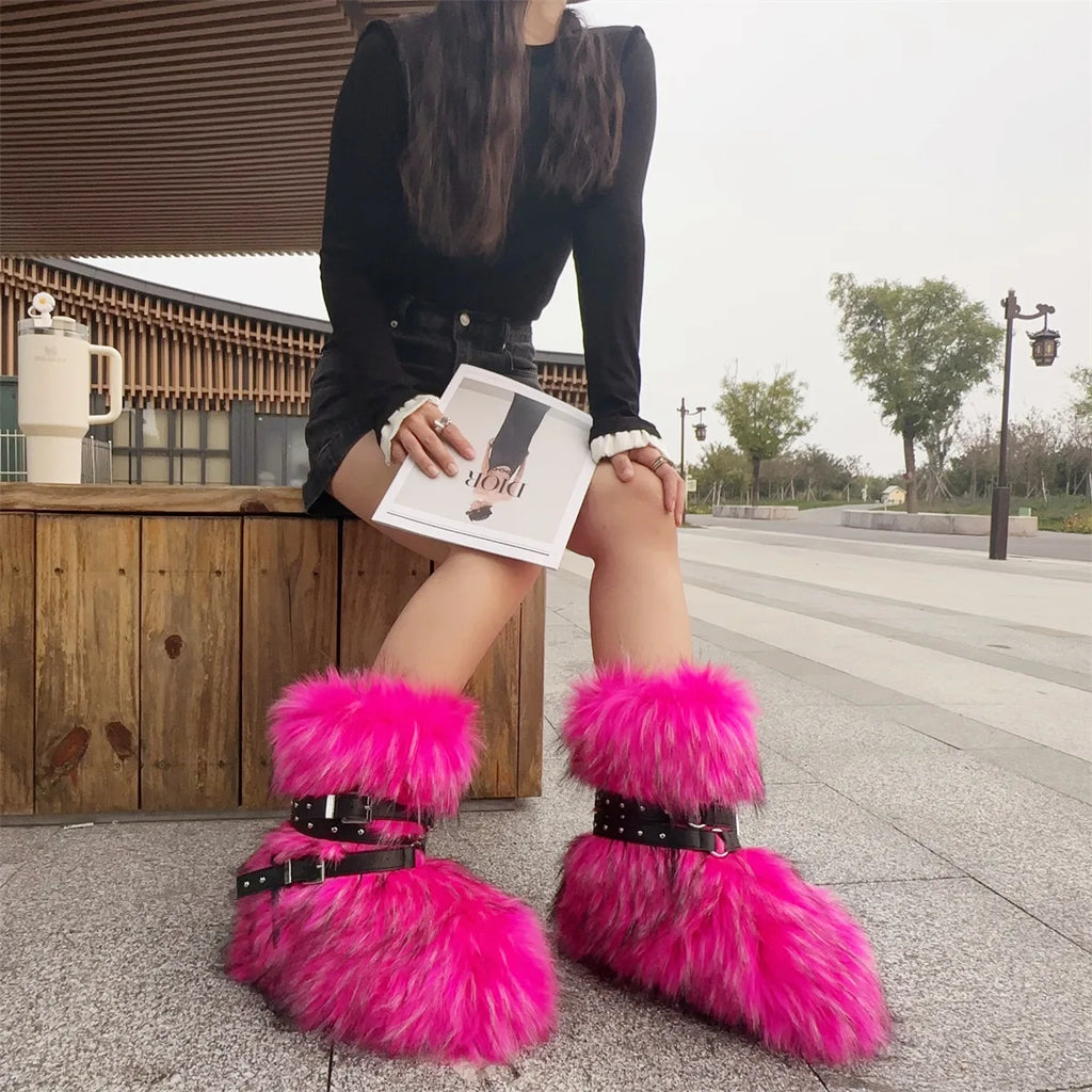 Winter Fur New Design Onepiece Raccoon FurFemale Snow Boots Fur shoes OutdoorMid Leg Boots y2k Cool Pink Girl
