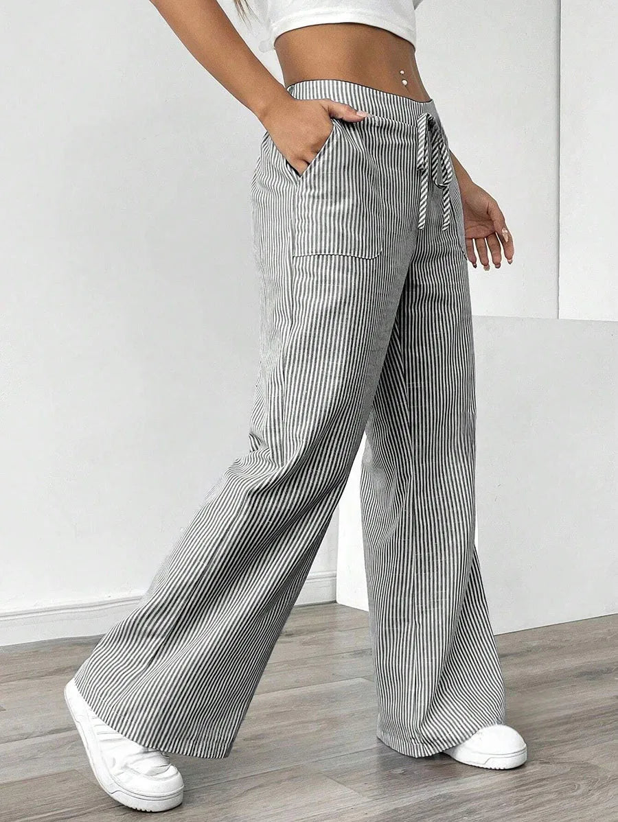 American Style Retro Vertical Stripe Drawstring Wide Leg Pants High Waist Dipping Loose Straight Casual Pants