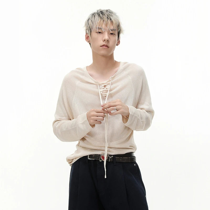 IEFB Niche Design Men's Tees Long Sleeved Round Collar Lace-up Solid Color Simple Tops Loose Pullover Male Tees Autumn 9X533