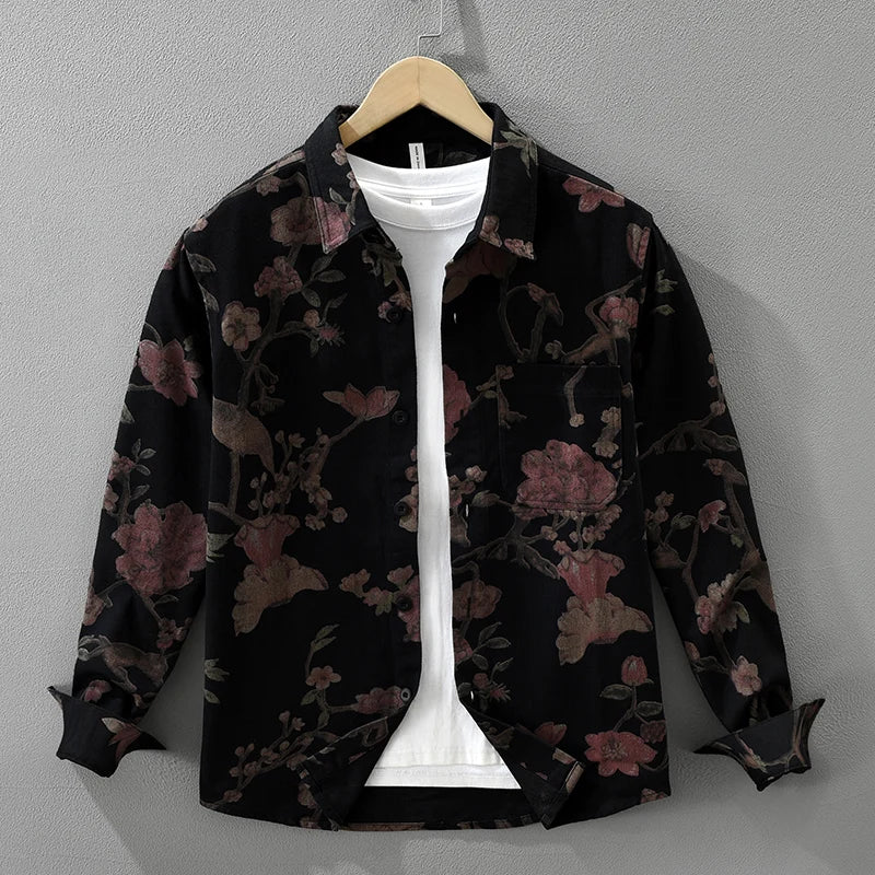 2025 Autumn New Casual Floral Print Shirt for Men Cotton Loose Long Sleeve Rose Denim Shirts Fashion Men's Clothing
