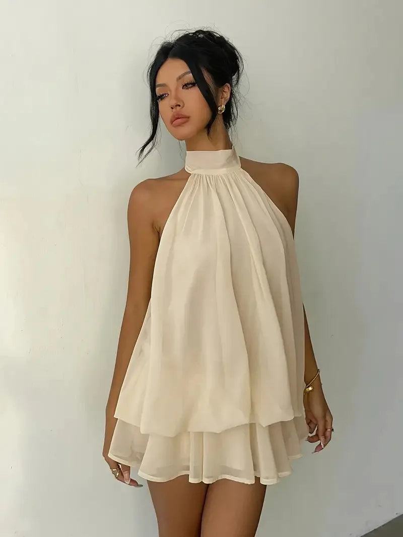 Women Halter Neck Backless Tie Mini Dress Summer Sleeveless Chiffon Ruffle Short Dresses Sexy Club Party Beach Vacation Outfit
