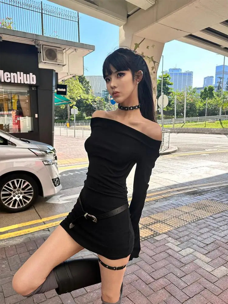 Seeslim Black Slim Sexy Mini Dress Women Long Sleeve Autumn Off Shoulder Korean Fashion 2000s Y2k Clothes Party Dresses Chic