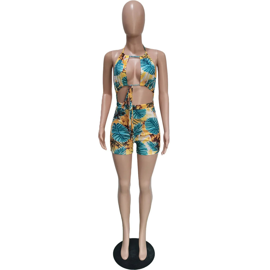 Women Rompers Outfit Halter Neck Cutout Crop Top Tie Front High Waist Biker Shorts Tie-Dye Design Summer Beach Short Jumpsuit