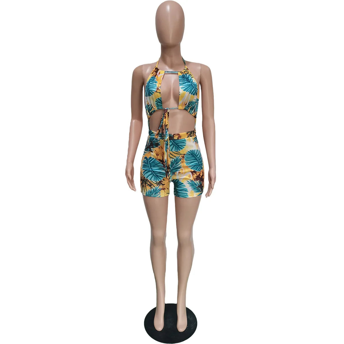 Women Rompers Outfit Halter Neck Cutout Crop Top Tie Front High Waist Biker Shorts Tie-Dye Design Summer Beach Short Jumpsuit