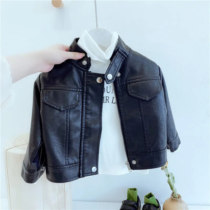 Spring Girls Pu Leather Jackets Autumn Kids Zipper Trends Short Coats Children Handsome Outerwear Baby Classics Clothes 2-8 Year