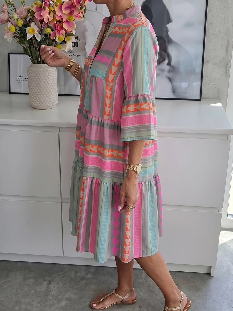 2026 Summer Women Boho Geometric Tiered Midi Dress  Flare Sleeve Contrast Patchwork Loose  Beach Vacation Women's Casual Dresses