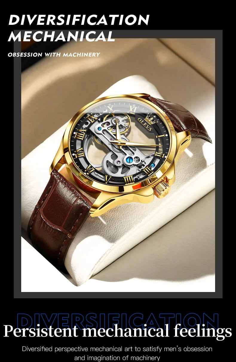 OLEVS Couple Watches Original Fully Transparent Skeleton Automatic Mechanical Watches For Men Women Lover's Gift Luxury Watches
