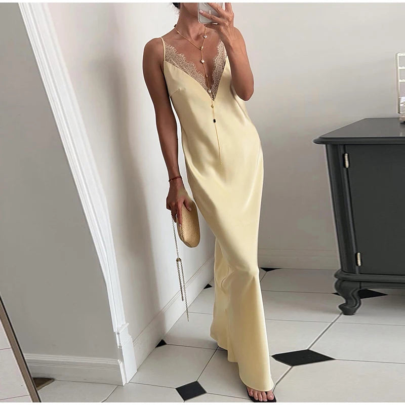 Elegant Lace Patchwork Women's Dress V-Neck Slip Top Sleeveless Lady Long Dresses 2026 Summer Autumn Vacation Female Robe