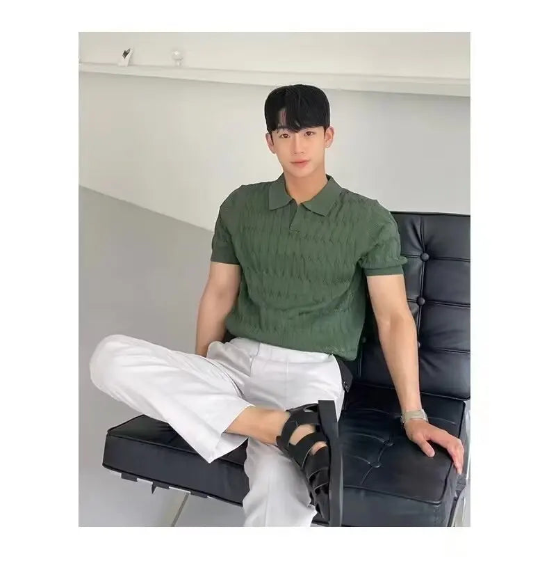 Trendy Polo Shirt for Men Summer Solid Color Top Versatile Knit Style Korean Short Sleeves Casual Fashion T-shirt