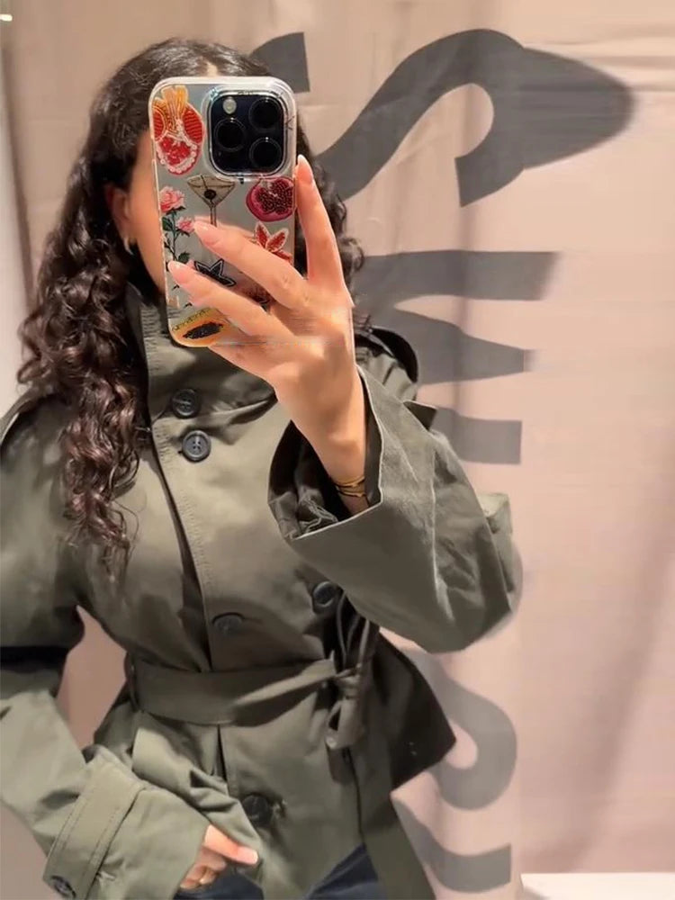 Khaki Lace Up Cape Trench Coat Loose Solid Full Sleeve Lapel Windbreaker 2026 Autumn New Fashion Commute Casual Daily Coats