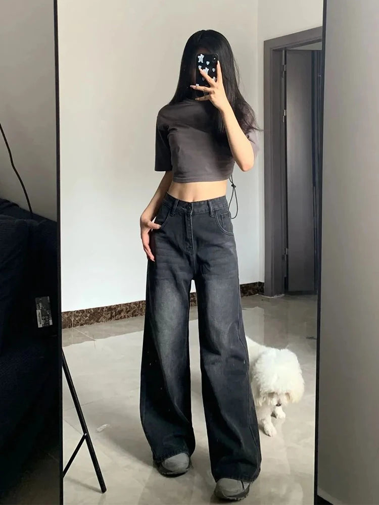 Korean Vintage High Waist Women's Jeans Y2K Slimming Pear-Shaped Loose Straight Bell Bottoms Black Gray Baggy Denim Trousers