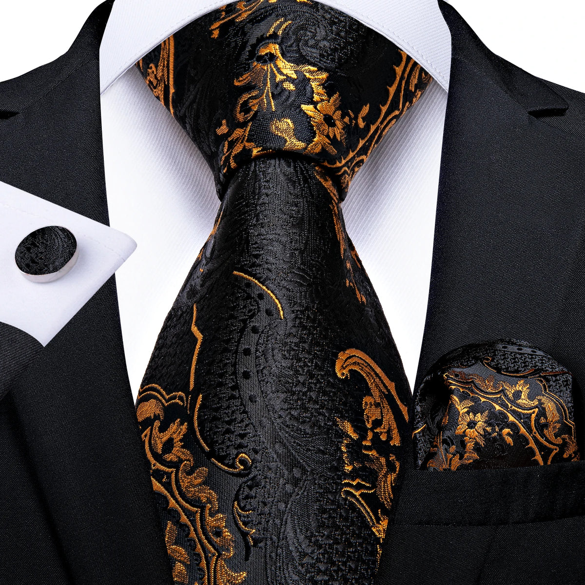 8cm Men's Polyester Ties Pocket Square Cufflinks Green Gold Paisley Wedding Party Accessories Necktie Gift