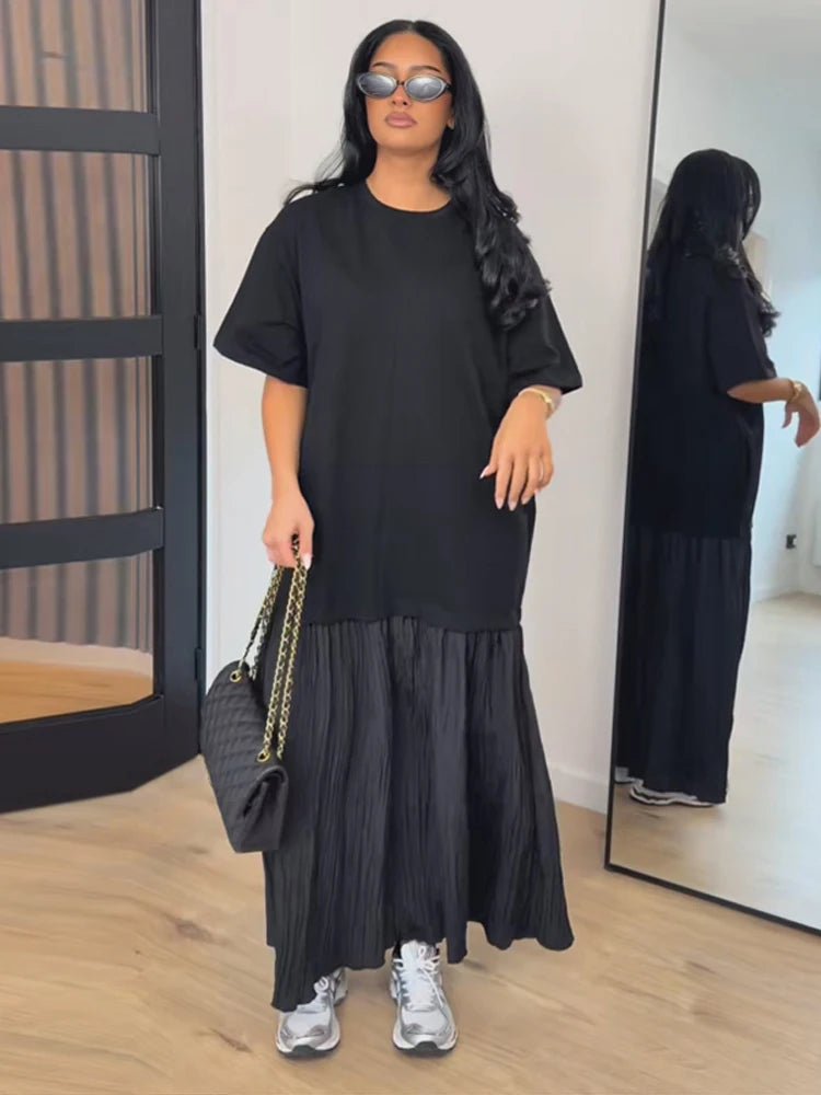 Fashion Solid Women Patchwork Dress Short Sleeve Round Neck Loose Female Dress Casual Office Streetwear Commute Summer 2026