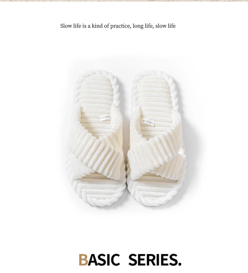 Fashion Corduroy Cross Band Open Toe Home Slippers Women Autumn Winter Warm Plush Slides Ladies Bedroom Soft Sole Slippers