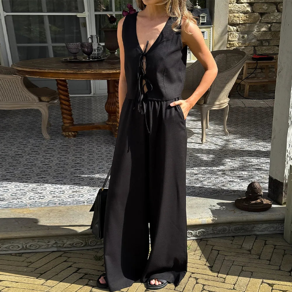 Women Spring Summer V Neck Tie Front Crop Vest High Waist Wide Leg Pants 2 Piece Set