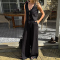 Women Spring Summer V Neck Tie Front Crop Vest High Waist Wide Leg Pants 2 Piece Set