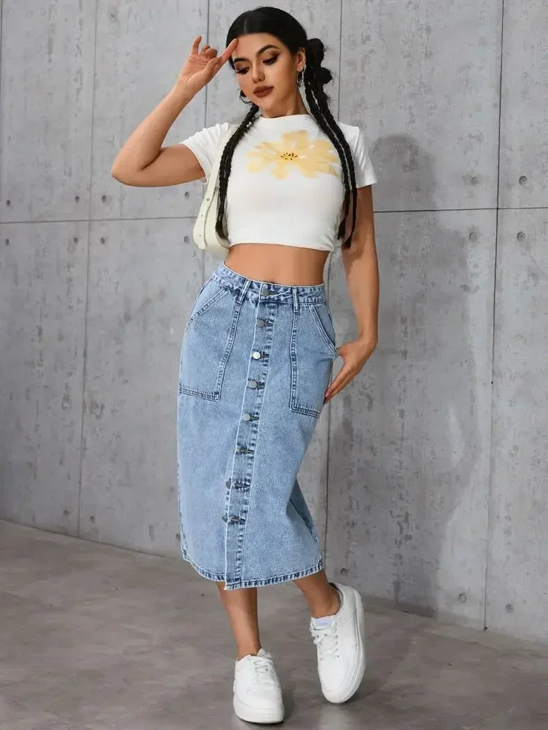 Women Waist Stretchy Denim Pencil Skirt, Midi Knee Length Slit Bodycon Flattering Casual Daily Streetwear Chic Ladies Midi Skirt
