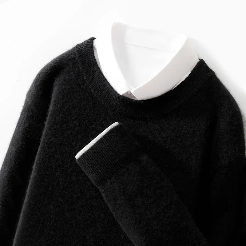100% wool men's round neck solid color loose knit cashmere pullover for business and leisure, keeping warm in autumn and winter