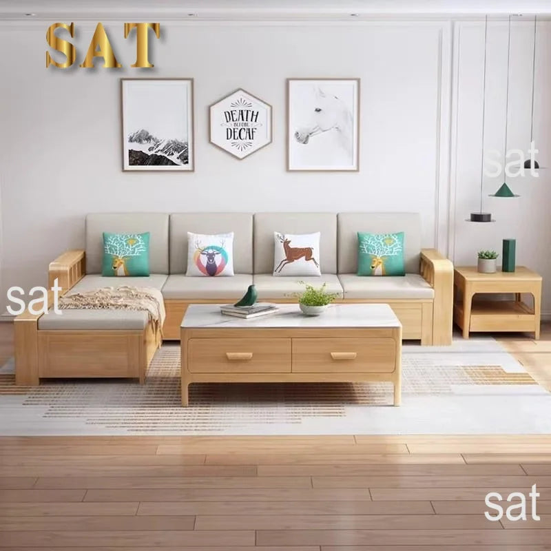 *Living Room Nordic Log Wood Storage Corner Sofa Winter  Summer Dual Use Fabric Wooden Sofa Combination