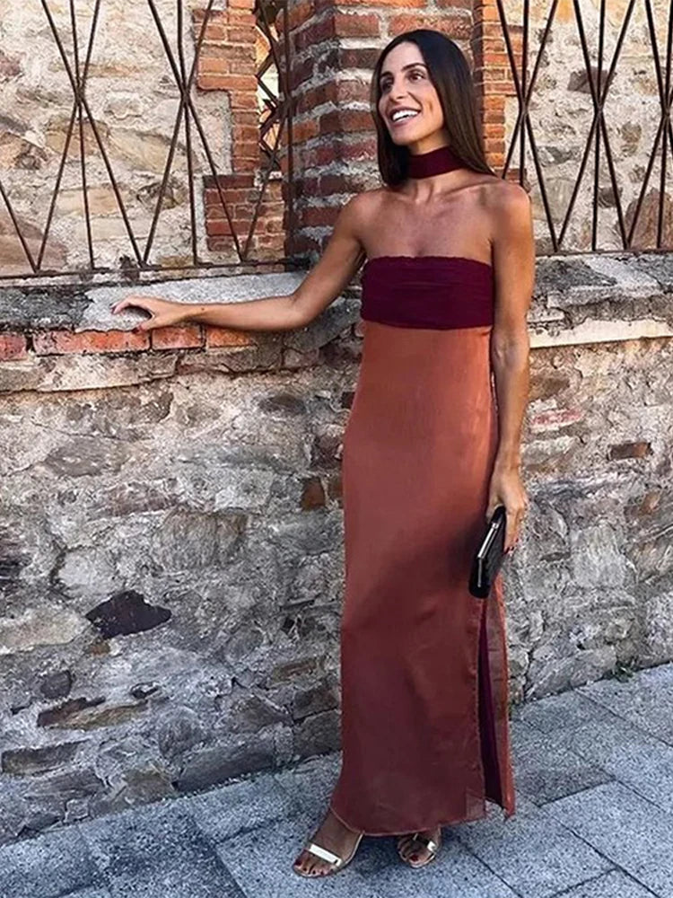 Color Block Twist Bust Slit Maxi Dress Spaghetti Strap Form-Fitting 2026 Summer Fashion Chic Bold Women Wedding Guest Gala Dress