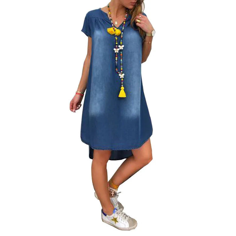 Summer New European and American V-neck Pullover Short-sleeved Denim Dress 2025 Cross-border