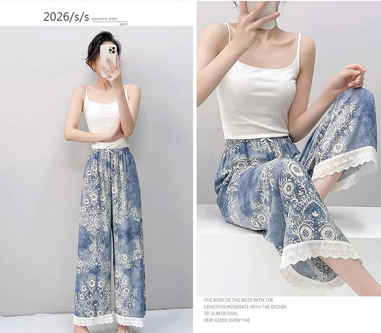Women Pajama Printed Loose Night Bottoms Viscose Pants Female Outwear Pants Loungewear Home Pants 2026 New Summer Sleeping Wear