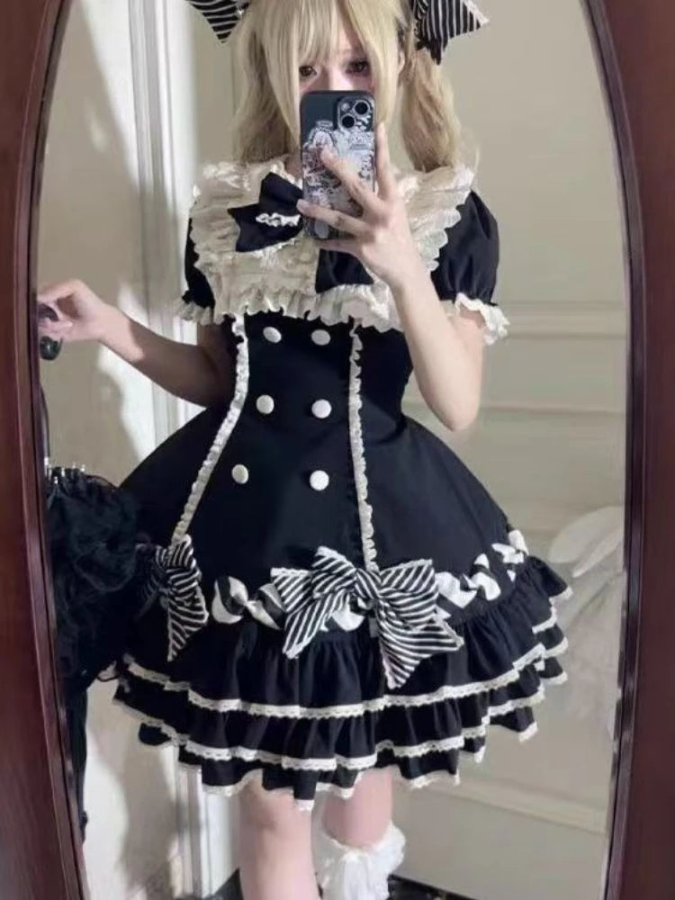 2025 Japanese Kawaii Sweet Lolita Princess Dress Women Pink Y2k Bow Lovely Slim Dresses Female Korea Style Design Chic Outfits