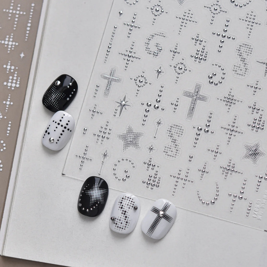 1Pcs Fashion Black White Silver Polka Dot Matrix Diffusion Pentagram Star Starburst Cross-shaped Adhesive DIY Nail Art Stickers