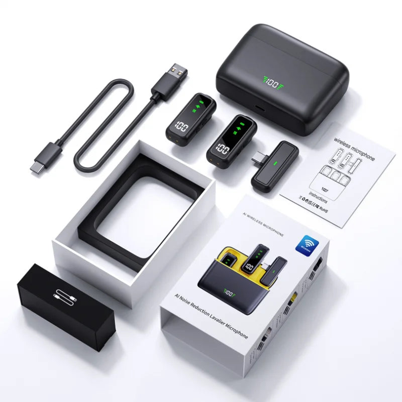 Plug‑and‑Play Wireless Lavalier Lapel Microphone, LED Battery Display with Portable Charging Case, DSP Noise Reduction, 36‑Hour Battery, 135‑Foot Working Distance, Compatible with iPhone, iPad, Android for Vlog and Li