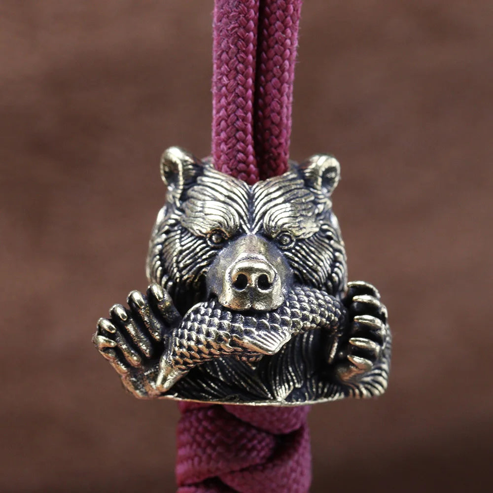 Bear With Salmon Brass Knife Beads EDC DIY Paracord Woven Bracelets Lanyard Pendants Accessories Outdoor Tools Hangings Charms