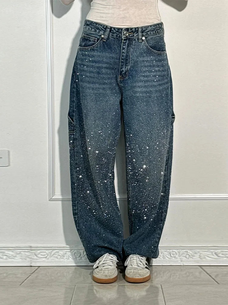 Rhinestone Wide Leg Lady Jeans Diamonds Denim Straigt High Waist Zipper Female Pants 2025 Fashion Pockets Street Lady Trouser