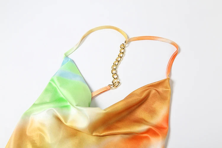 Weird Puss Colorful Fashion Maxi Dress Women Swing Collar Metal Chain Backless Vacation Trend Beach Party Style Elegant Vestidos