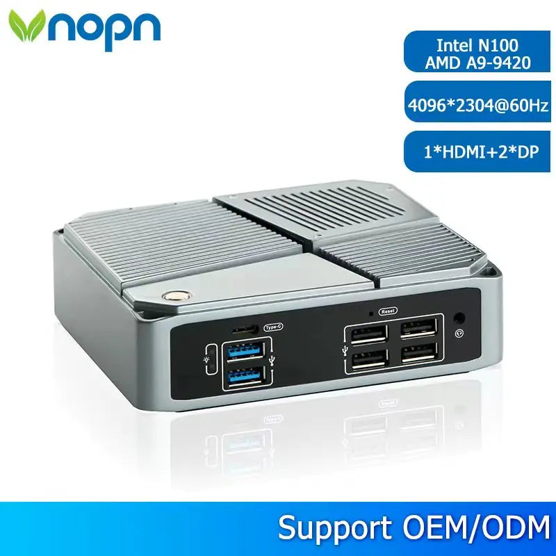 VNOPN Mini PC Intel N100/AMD A9-9420 Win10 DDR4 2LAN HDMI+2*DP Small Pocket Computer Dual SSD Full Function Type-C 4K 60Hz