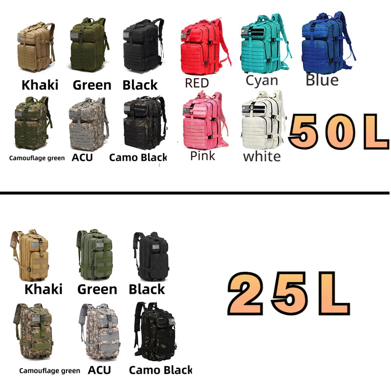 Durable Nylon 50L Waterproof Tactical Outdoor Backpack for Hiking Trekking Fishing Hunting Camping Travel