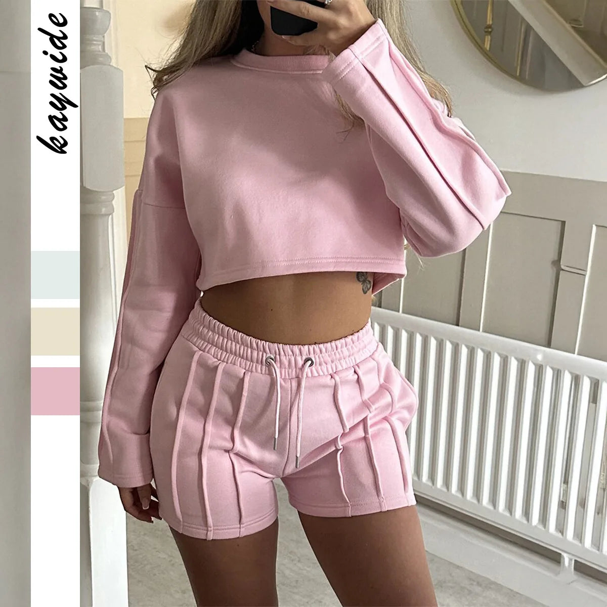 Women 2 Piece Outfits Pink Crop Top Long Sleeve Sweatshirt High Waist Shorts Loungewear Set
