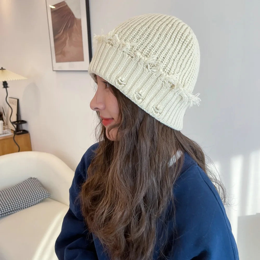 New Fall and Winter Hip Hop Trend Broken Brim Knitted Hat Woman Man Green Grey Black White Hole Cap Warm Hat Bonnets Fall