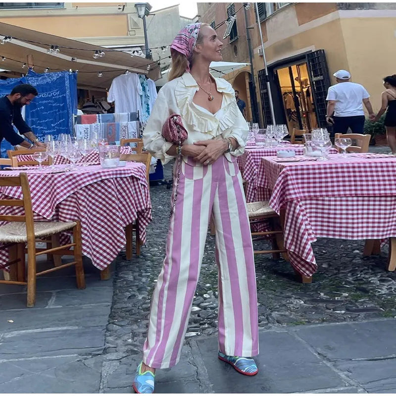 Street Fashion Stripe Women's Pants Zipper Button Pocket Wide Leg Multicolor Vertical Pants 2026 Spring Summer Lady Trousers