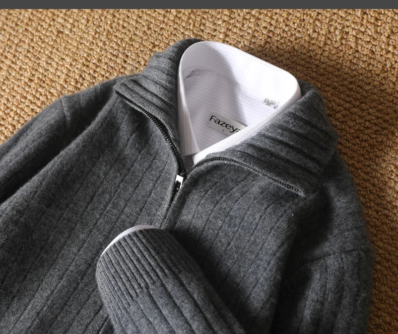 Men's Coat Winter Thickened New 100% Merino Wool Sweater Business Casual Zipper Lapel Cardigan Long Sleeved Warm Knit Jacket