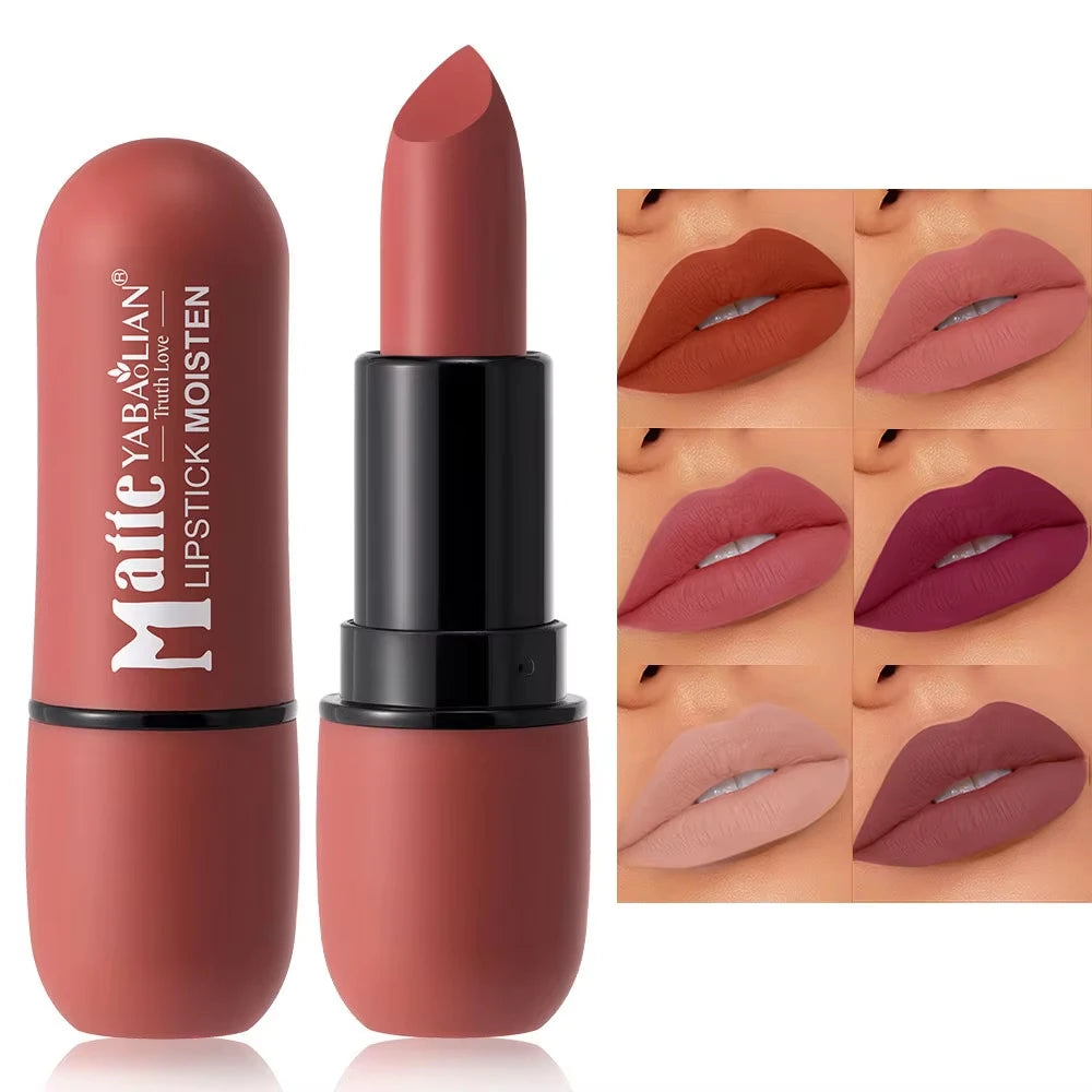 YABAOLIAN Matte Moist Lipstick Velvet Nude Lip Stick Long Lasting Waterproof High Pigment Non Dry 6 Shades Daily Makeup