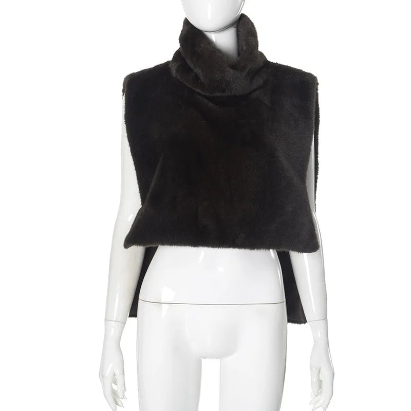 Solid Color Half Turtleneck Furry Sleeveless Top Patchwork Short Section Pullover Top 2025 Fall Woman'S Clothing Street