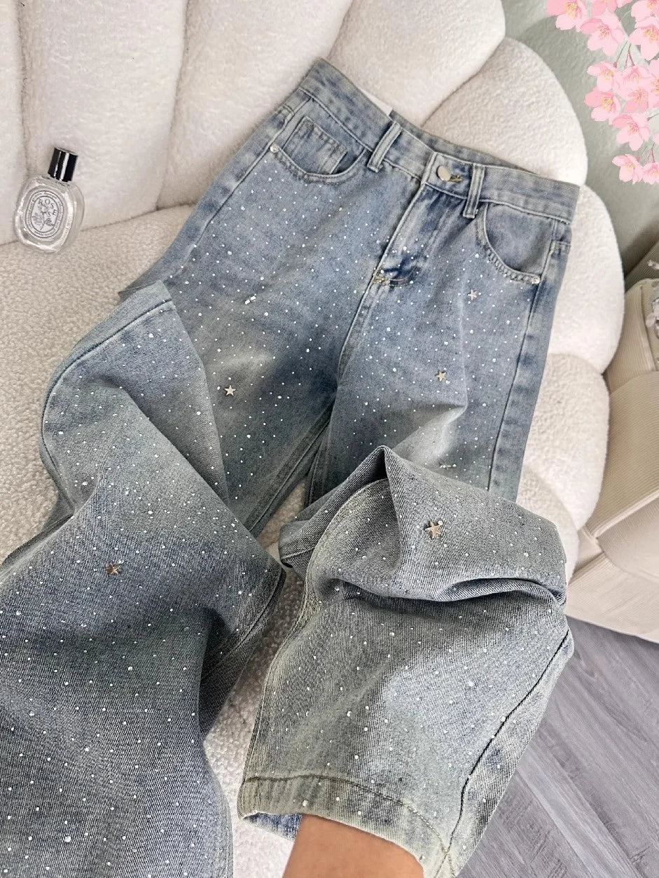 High Waist Shiny Sequin Star Design Casual Wide Leg Jeans Women's Light Blue Slimming Slim Fit Denim Pants Fashionable Versatile