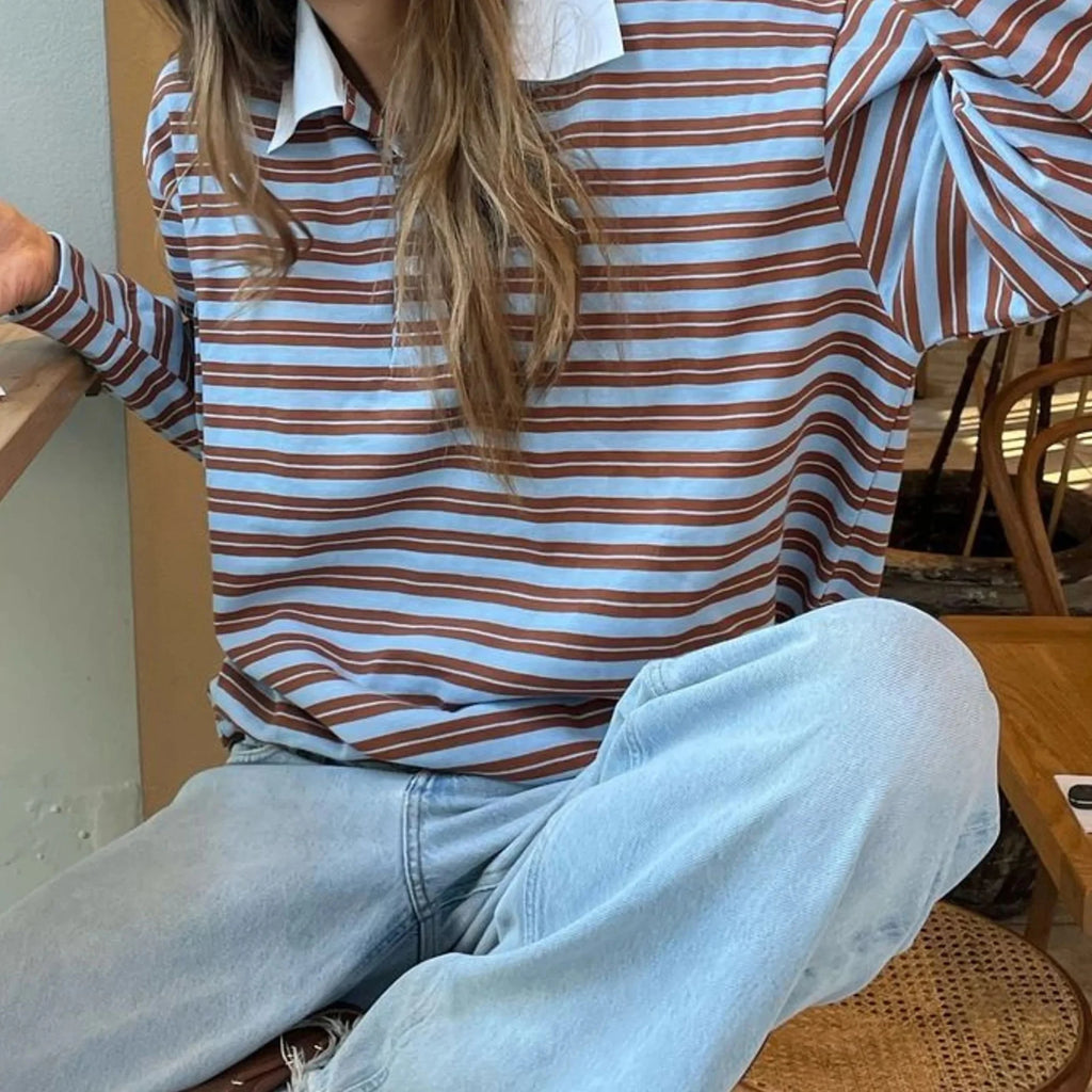 New Fashion Women T-Shirt Long Sleeve Turn Down Collar Stripes Fall Tops Streetwear For Casual Daily Hot Sale S M L